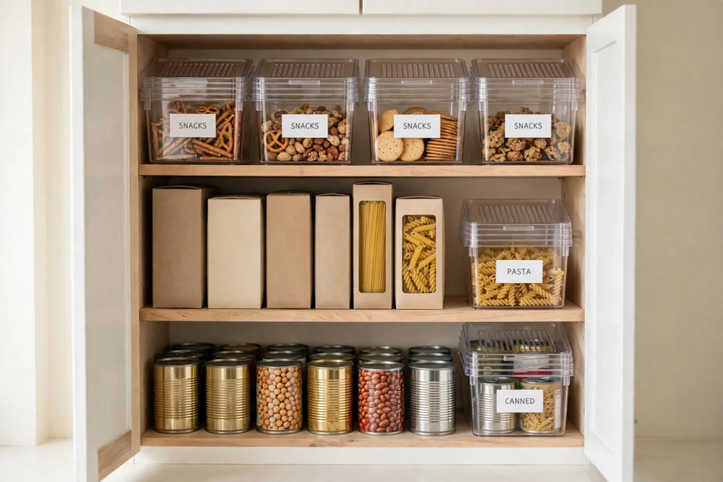 Kitchen cabinet organized with matching clear bins and plain labels holding snacks and canned goods