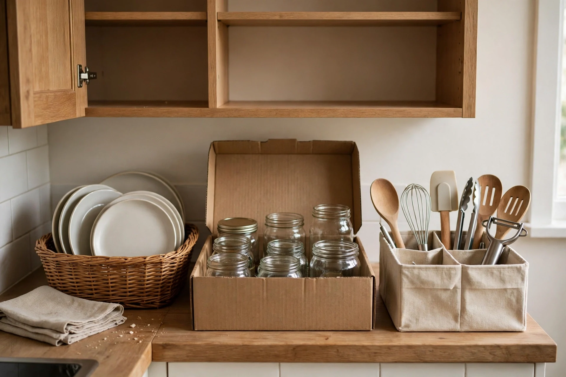 Items from one kitchen cabinet sorted into tidy groups on a counter