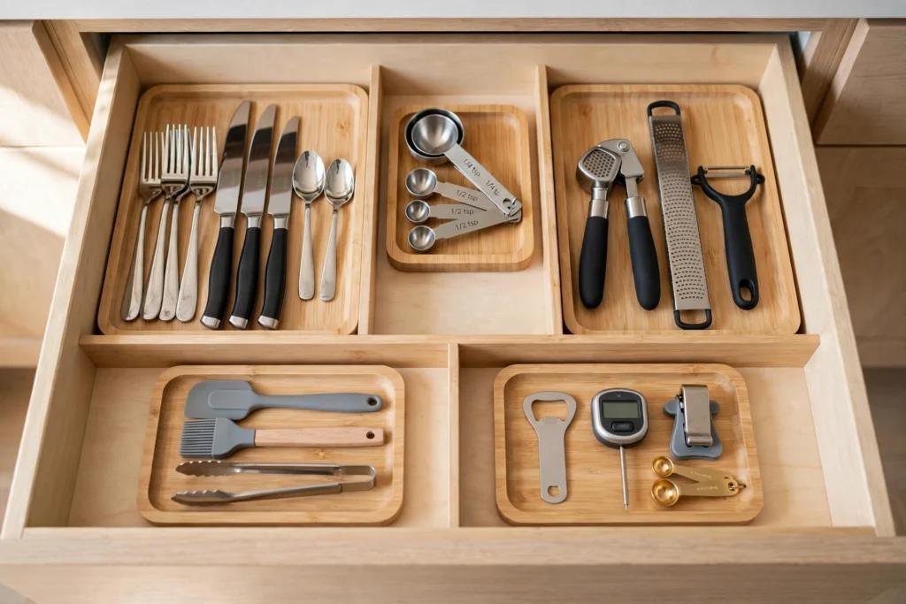 Kitchen drawer divided into neat sections with small trays for silverware and cooking tools