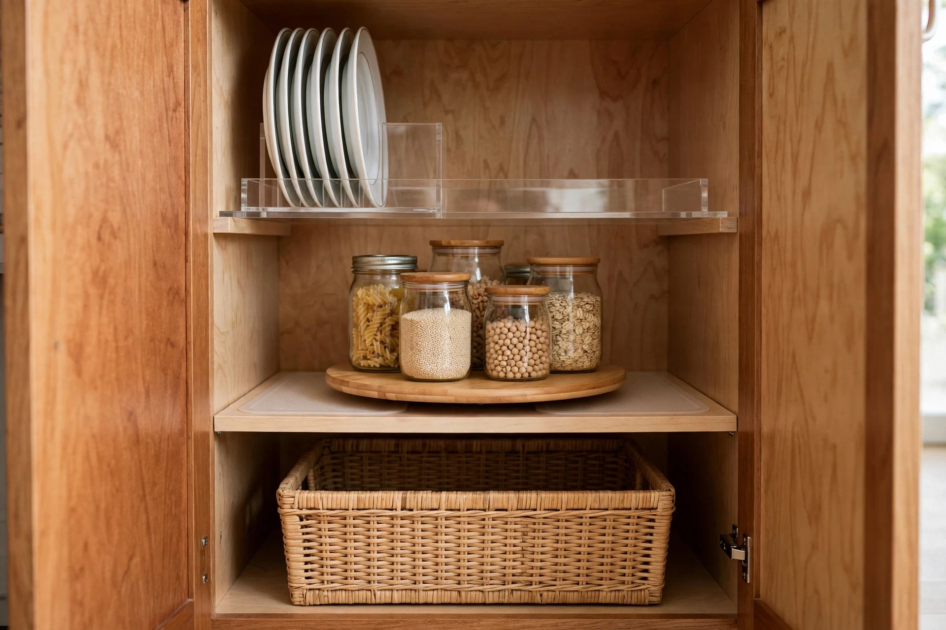 Kitchen cabinet organized by zones with a shelf riser, turntable and labeled bin