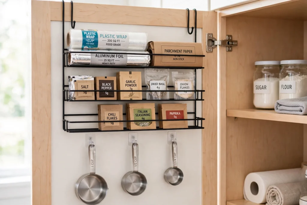 Inside of a kitchen cabinet door with a rack holding wraps and hooks holding measuring cups