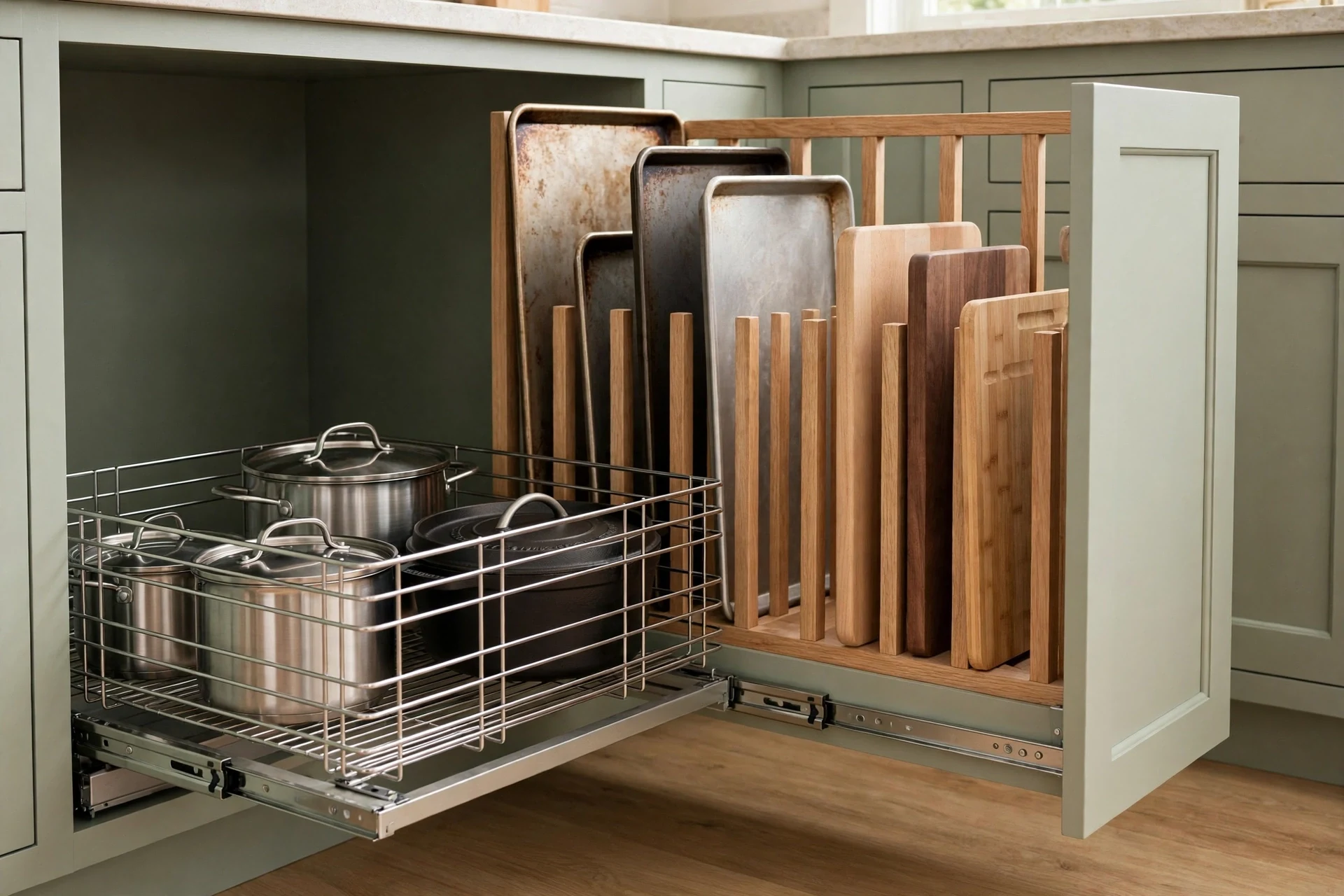 Deep kitchen cabinet with a pull-out basket and baking sheets stored upright
