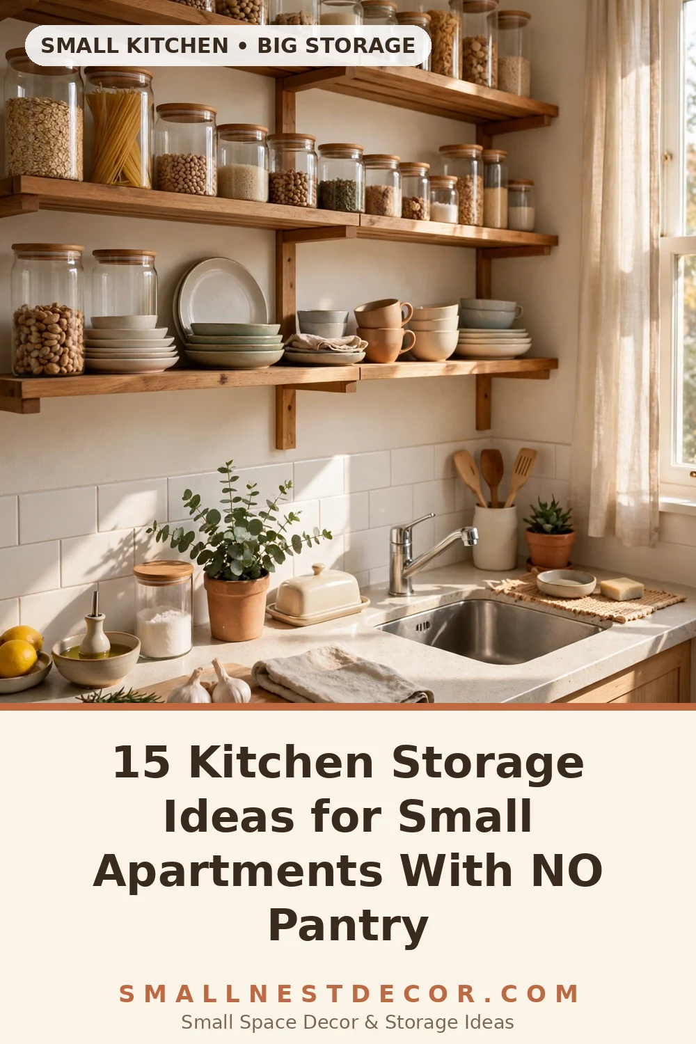 15 kitchen storage ideas for small apartments with no pantry — open shelves with jars